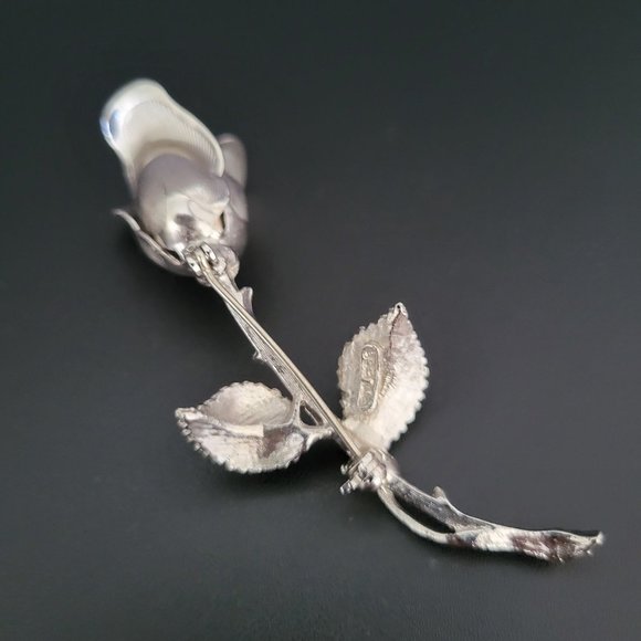Silver Tone Womens 3D Rose Brooch Pin Leaves Thorns Signed Lee 3 in Length - Picture 4 of 8